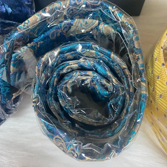 HISDERN Mens 3 Pcs Neckties Tie and Pocket Square Set Blue Yellow - Picture 9 of 11